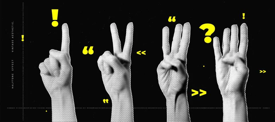 Halftone Effect Illustration of Four Hands Showing Different Finger Gestures in Stock Illustration