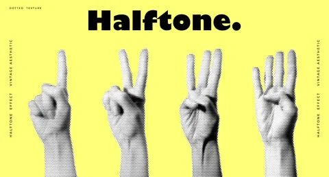 Halftone Effect Illustration of Four Hands Showing Different Finger Gestures in Stock Illustration