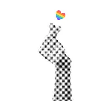 Halftone effect, korean symbol hand with rainbow heart. Message of love han.. Stock-Illustration
