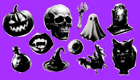 Halftone element collage set for halloween. Skeleton, skull, pumpkin, ghost,  Stock Illustration