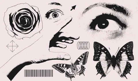 Halftone elements set with 90s Retro photocopy effect. Trendy y2k summer grunge Stock Illustration