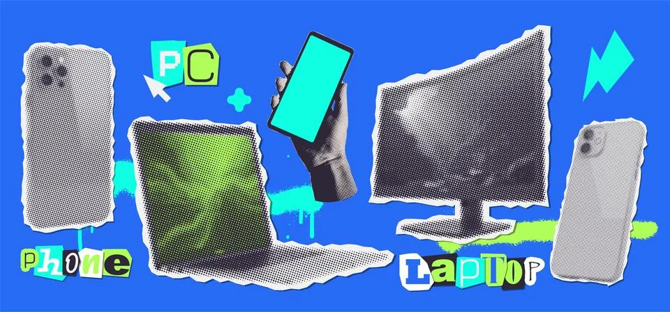 Halftone elements set of a laptop, PC monitor, phones. Torn put paper stickers Stock Illustration