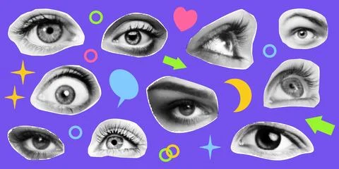 Halftone eyes with eyelashes set collage elements pop art style retro Stock Illustration