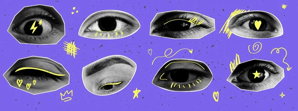 Halftone eyes with naive doodle elements. Paper cutout elements. Modern vec.. Stock Illustration