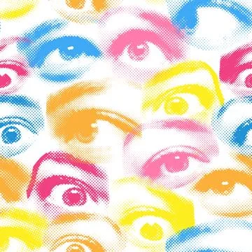 Halftone female eyes seamless pattern. Beautiful female eyes with dotted texture Stock Illustration