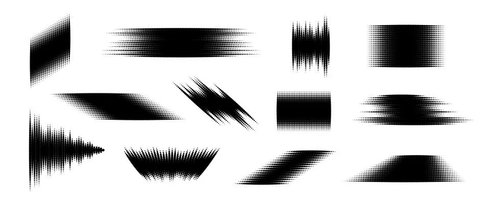 Halftone glitched element set. Dotted textured geometric form collection. Grunge Stock Illustration