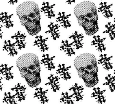 Halftone gothic human skull seamless pattern for Dia de muertos, day of the dead Stock Illustration