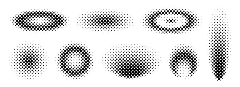 Halftone gradient collection. Dotted texture round and ellipse patterns. Comic Stockillustratie