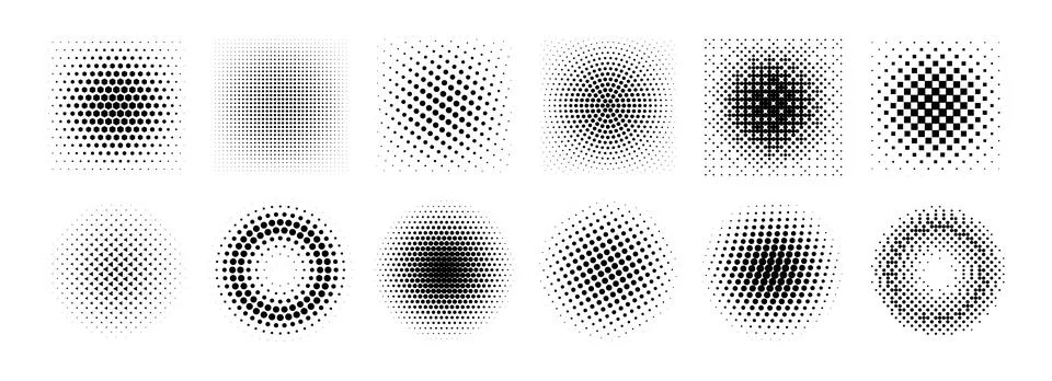 Halftone gradient collection. Dotted textured round and square patterns. Cartoon 스톡 일러스트