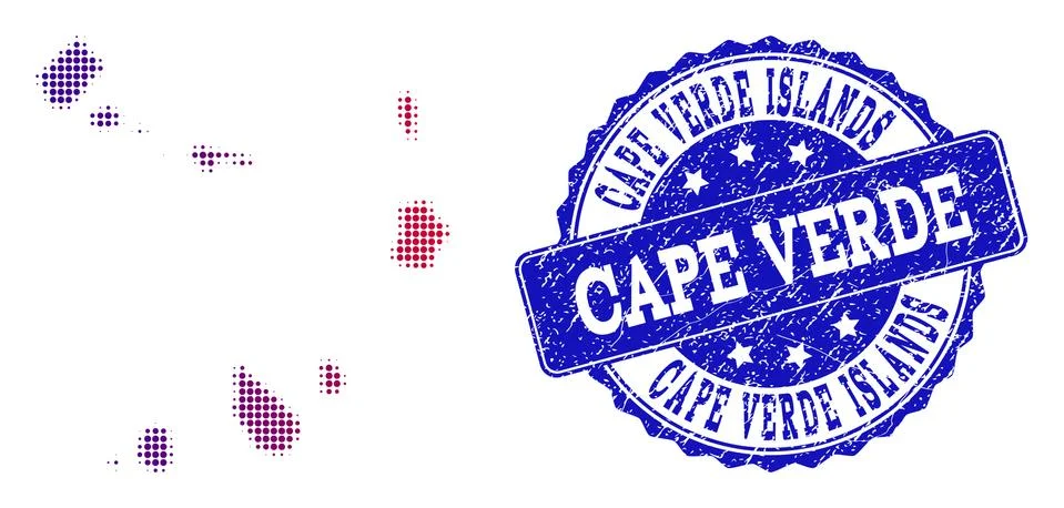Halftone Gradient Map of Cape Verde Islands and Textured Seal Collage Ilustración de archivo