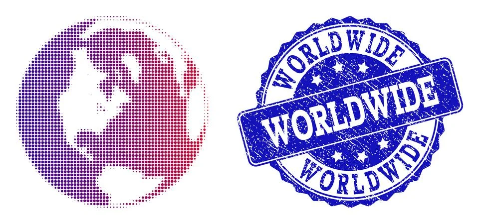 Halftone Gradient Map of Global World and Scratched Stamp Composition Stock Illustration