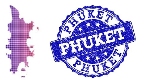 Halftone Gradient Map of Phuket and Scratched Stamp Collage 스톡 일러스트