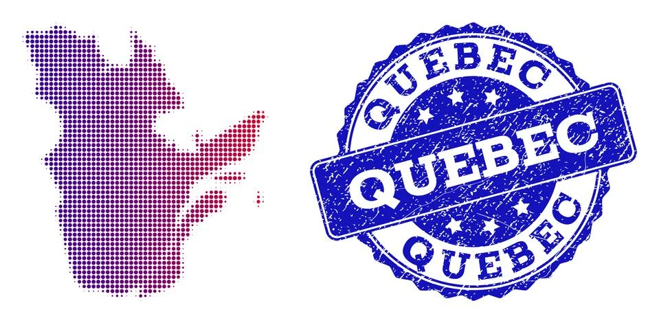 Halftone Gradient Map of Quebec Province and Scratched Stamp Collage Stock Illustration