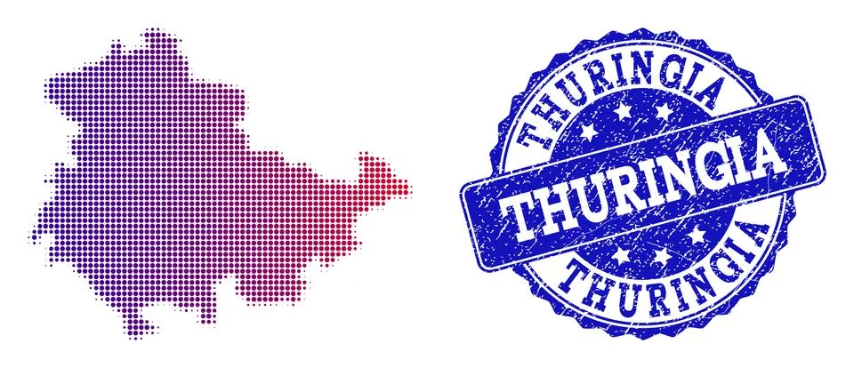 Halftone Gradient Map of Thuringia State and Distress Seal Collage Illustrazione stock