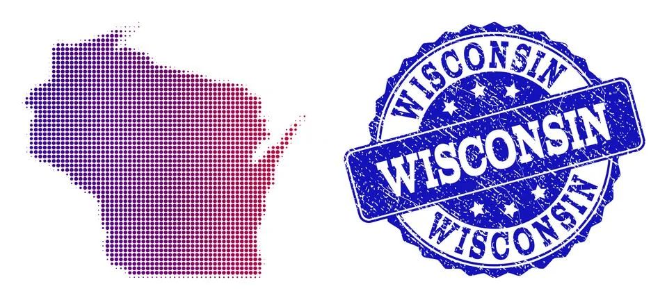 Halftone Gradient Map of Wisconsin State and Scratched Stamp Composition Stock Illustration