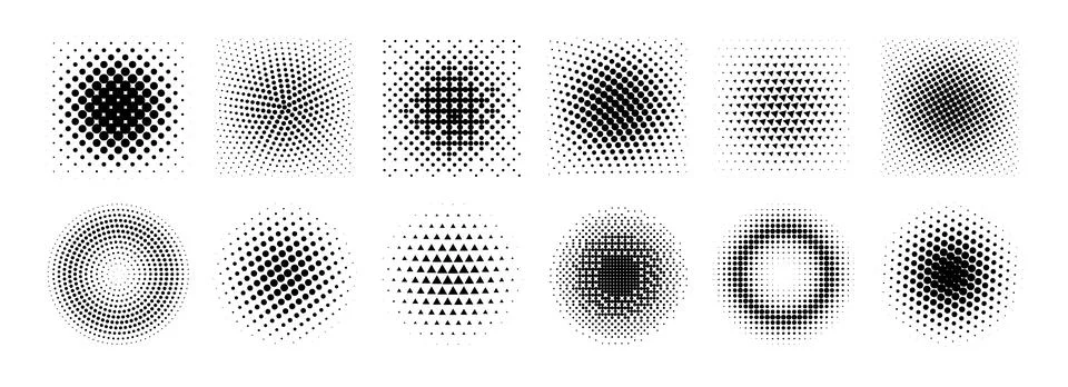 Halftone gradient set. Dotted textured round and square patterns. Cartoon faded Stock Illustration