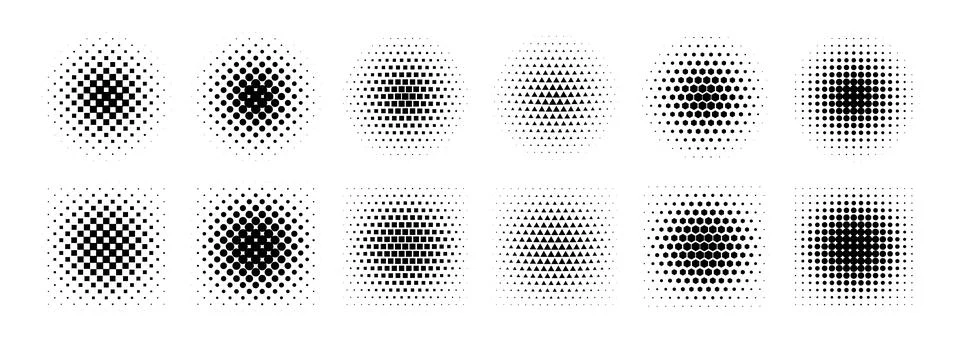 Halftone gradient shape set. Dotted textured round and square patterns. Cartoon Stock Illustration
