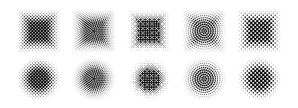 Halftone gradient shape set. Dotted textured round and square patterns. Cartoon Stock Illustration
