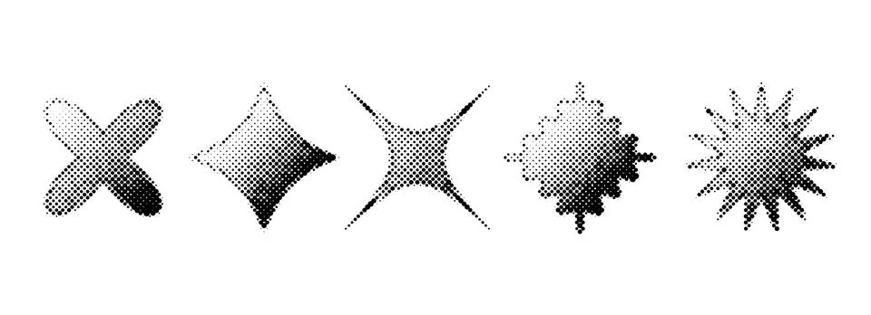 Halftone grain gradient star set. Dotted grunge geometric shape collection. Y2K 스톡 일러스트
