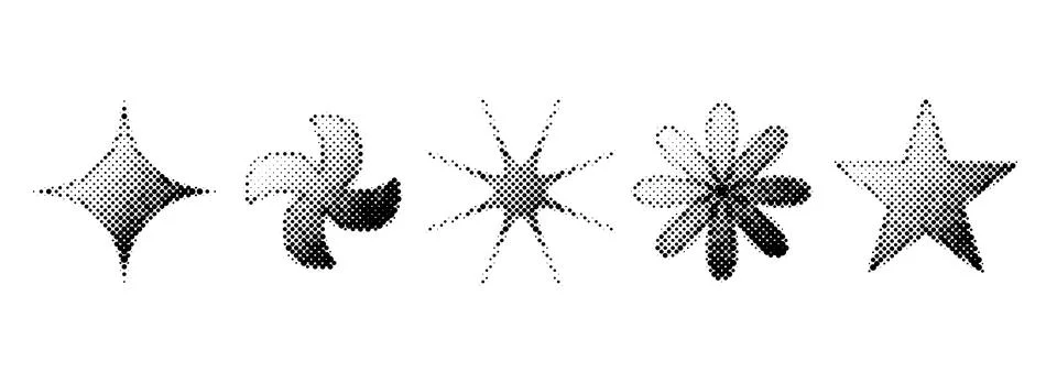 Halftone grain gradient stars set. Dotted grunge geometric shape collection. Y2K Stock Illustration
