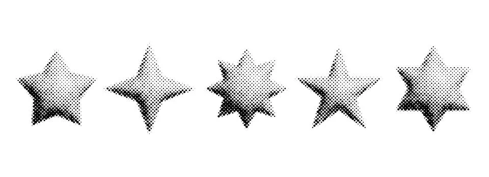 Halftone grain star set. Dotted 3d star shape collection. Y2K bitmap gradient Illustration