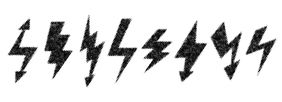Halftone grunge lightning bolt set. Dotted thunder bolt symbol collection. Rough Stock Illustration