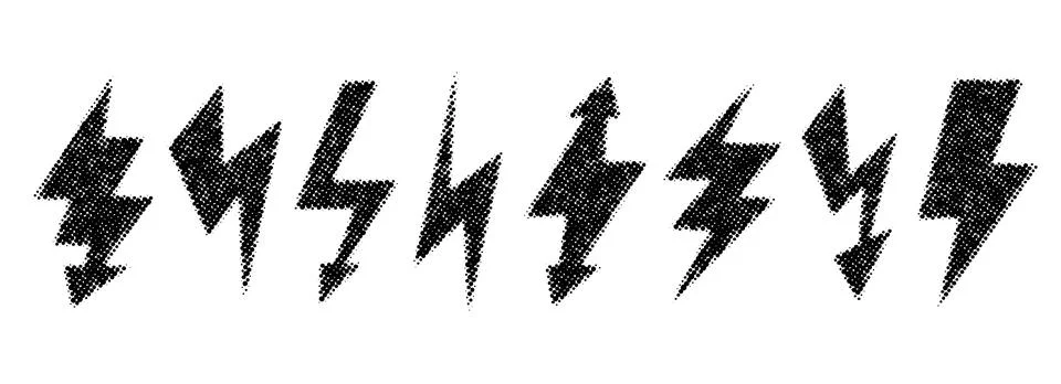 Halftone grunge lightning bolts set. Dotted thunder bolt symbol collection Stock Illustration
