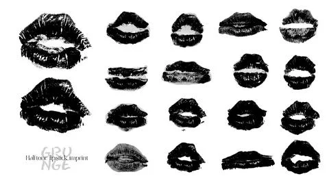 Halftone grunge set of female lips prints. Rough grungy black lipstick kiss Stock Illustration