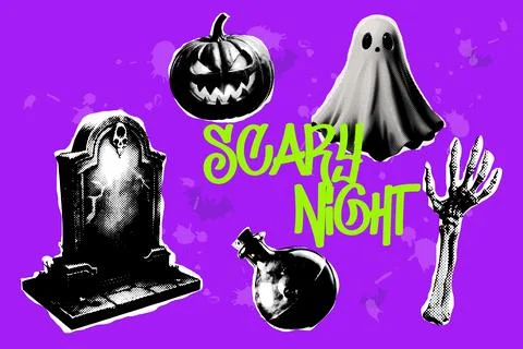 Halftone Halloween elements collage set, cut paper, spooky night. Trending Stock Illustration
