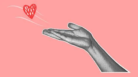 Halftone Hand Blowing Kiss Flying Heart Pink Illustration Stock Illustration