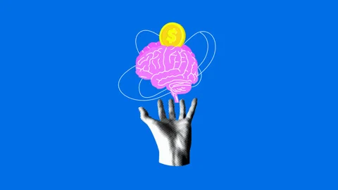 Halftone hand controls brain with coin inside. Intelligence, knowledge concept Stock Footage 333241764