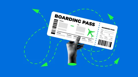 Halftone hand holding boarding pass for plane. Travel, tourism concept Stock Footage 331425603
