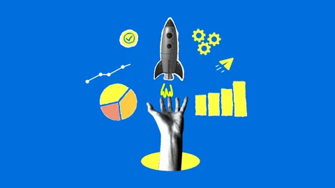 Halftone hand holding a launching rocket, sales chart icons, gears Stock Footage 330608743