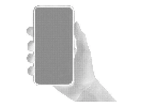 Halftone hand holding mobile phone screen vector graphic black and white do.. Stock Illustration
