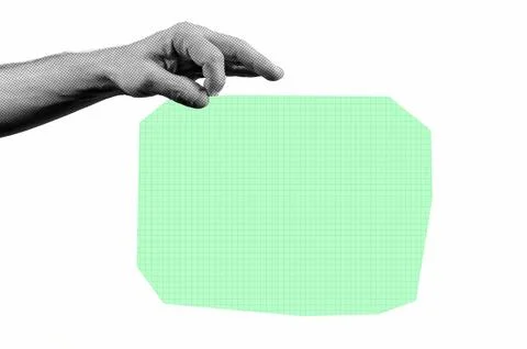 Halftone hand holding paper note. Modern retro image for mixed media design. Stock Photos