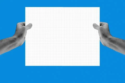Halftone hand holding paper note. Modern retro image for mixed media design. Stock Photos