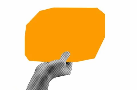 Halftone hand holding paper note. Modern retro image for mixed media design. Stock Photos