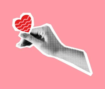 Halftone hand holding red heart collage vector illustration Stock Illustration