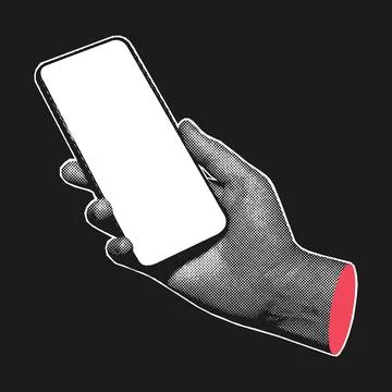 Halftone Hand Holding Smartphone Blank Screen Dark Illustration Illustrazione stock