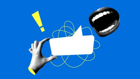 Halftone hand holding speech bubble with copy space. Laughing mouth Stock Footage 332398903
