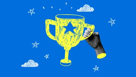 Halftone hand holding winner cup. Modern collage. Winner prize goblet Stock Footage 330285242