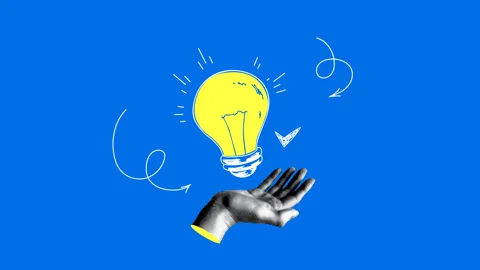 Halftone hand, light bulb and arrows. Idea concept. Creative thinking Stock Footage 333618308