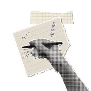 Halftone Hand With Pen write a note on a torn out sheet . Vector retro collage Stock Illustration