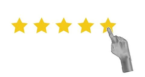 Halftone hand pointing, finger push to five star rating. Feedback, reputati.. Stock Illustration