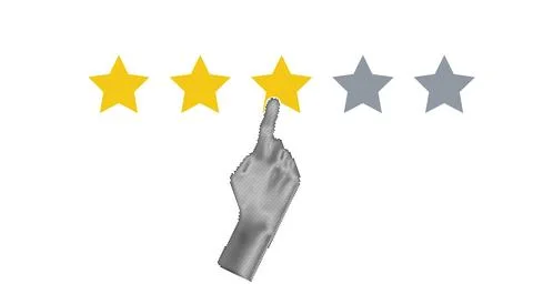 Halftone hand pointing, finger push to three star rating. Feedback, reputat.. Stock-Illustration