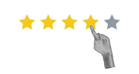 Halftone hand pointing, finger push to four star rating. Feedback, reputati.. Stock Illustration