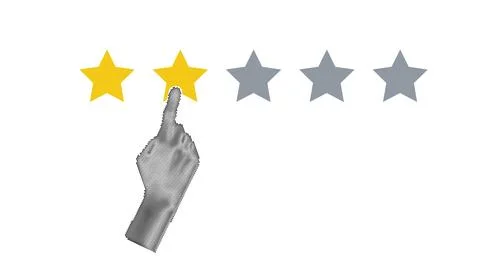 Halftone hand pointing, finger push to two star rating. Feedback, reputatio.. Illustrazione stock