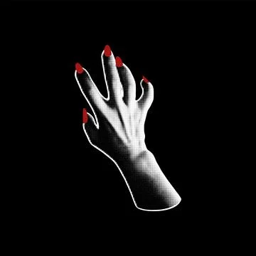 Halftone hand red nails manicure retro photocopy effect, vector Halloween zombie Stock Illustration