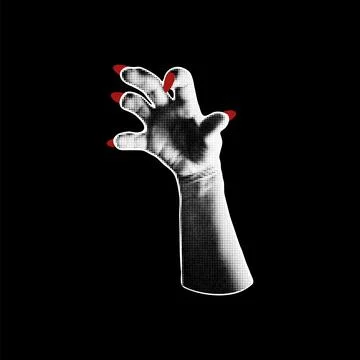 Halftone hand red nails manicure retro photocopy effect, vector grainy Halloween 스톡 일러스트