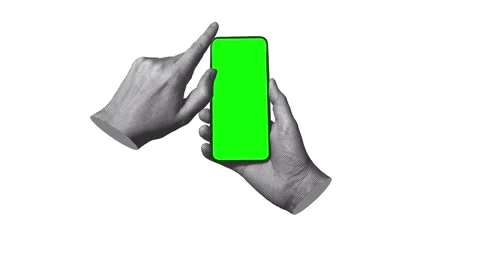 Halftone hand scrolling smartphone screen downward on white background. Stock Footage 346206422